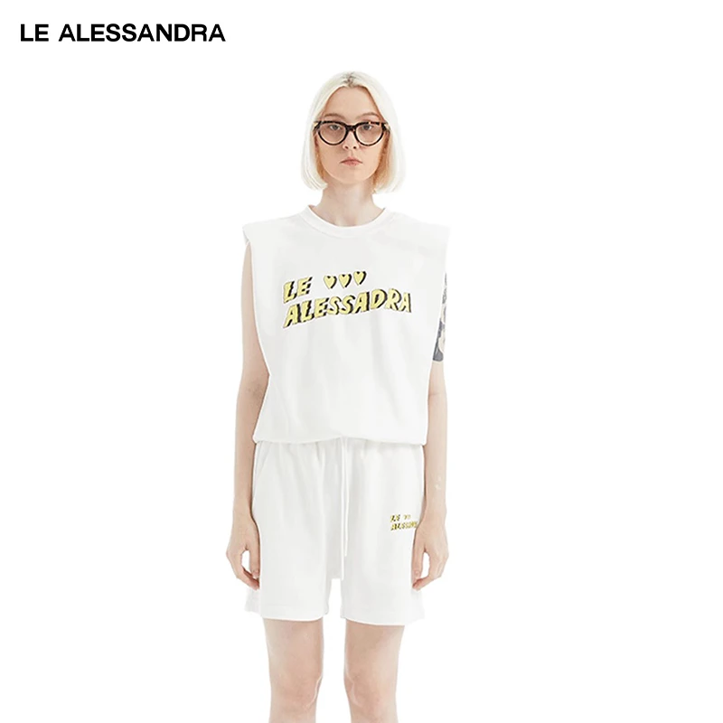 品牌直营 Le Alessandra LOGO印花背心短裤纯棉套装宽松运动套装