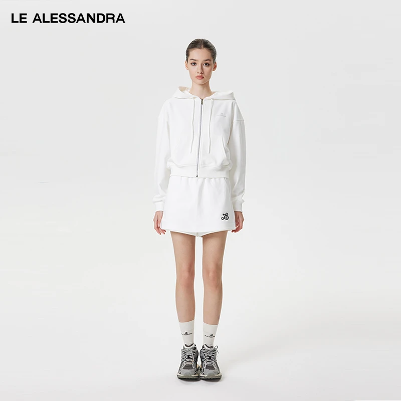 品牌直营 LE ALESSANDRA 白色银Logo拉链连帽卫衣女秋季宽松外套