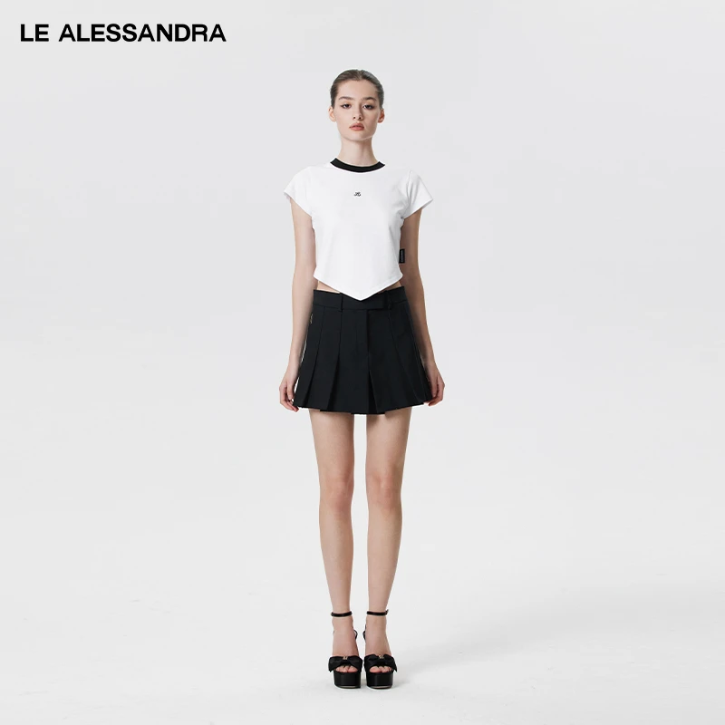 品牌直营 LE ALESSANDRA 黑白撞色V字下摆修身短袖T恤女短款上衣