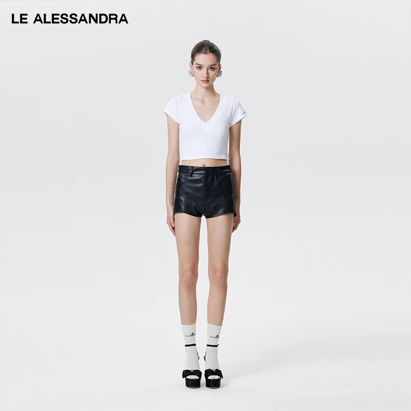 品牌直营 LE ALESSANDRA 黑色PU短裤美式超短裤性感辣妹女夏季