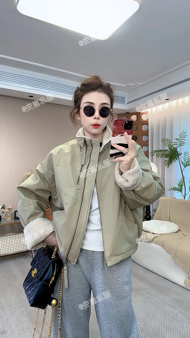 羊羔毛短款派克服女2024冬款韩系休闲宽松小个子棉服外套
