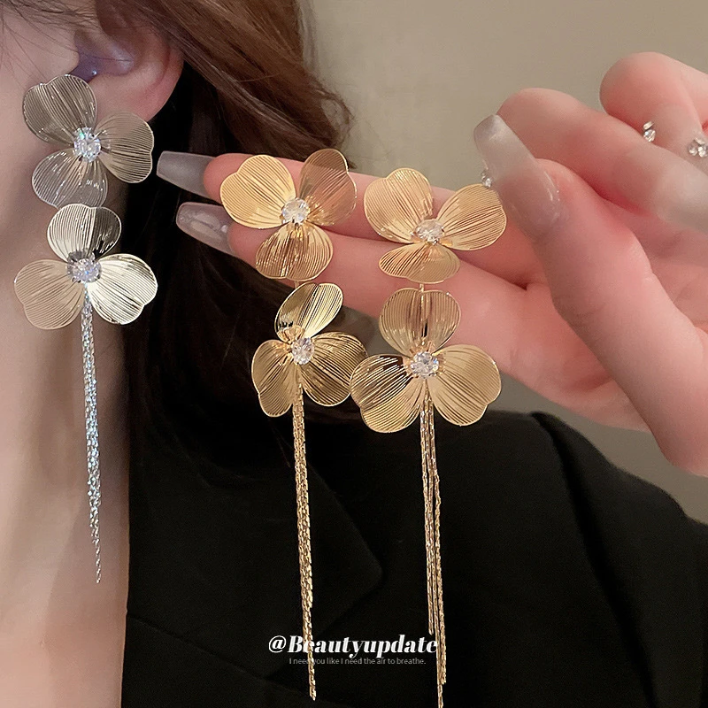 铜合金耳饰 真金电镀银针拉丝花朵流苏耳环时尚气质高级感耳饰