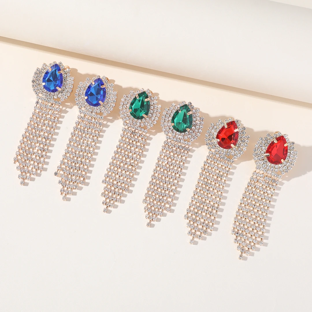 铜合金合成锆石耳饰 银针新款大方优雅气质时尚满钻流苏耳饰百搭