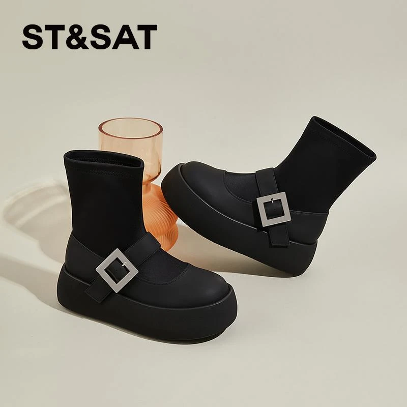 星期六短靴女法式高级感2024新款春秋厚底弹力袜靴英伦爆款马丁靴
