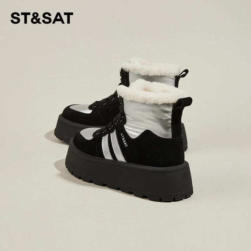 星期六/St&Sat加绒高帮棉鞋女冬季厚底5CM增高美拉德板鞋百搭女鞋