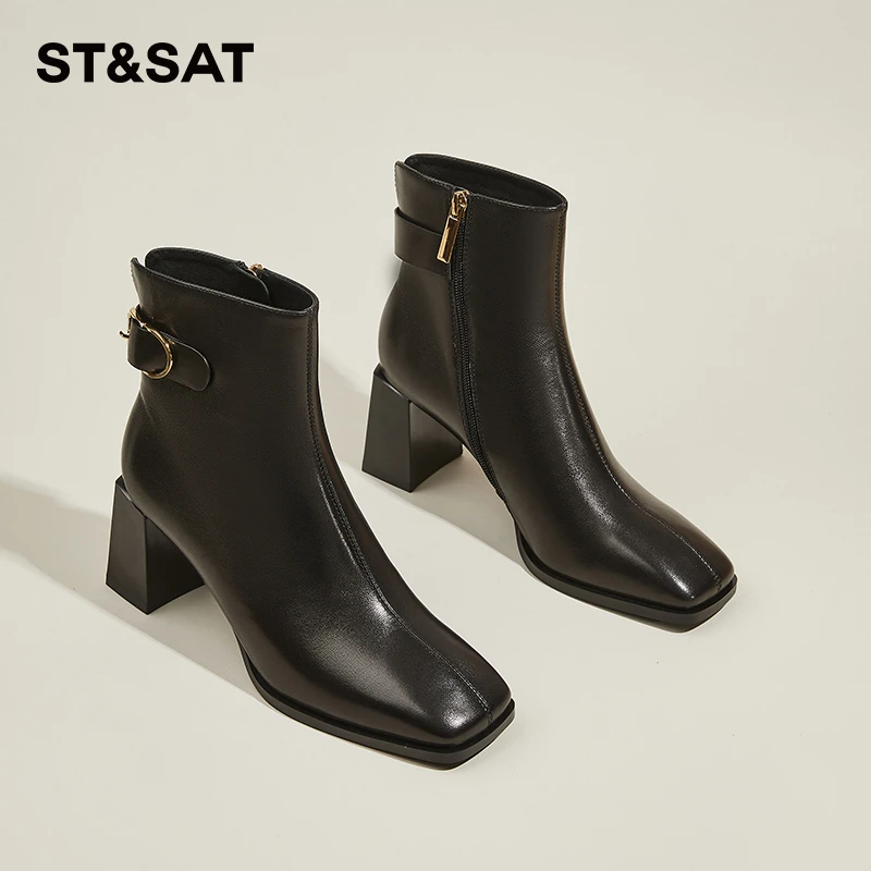 星期六头层羊皮高跟短靴2024秋冬新款法式气质方头加绒美拉德女靴
