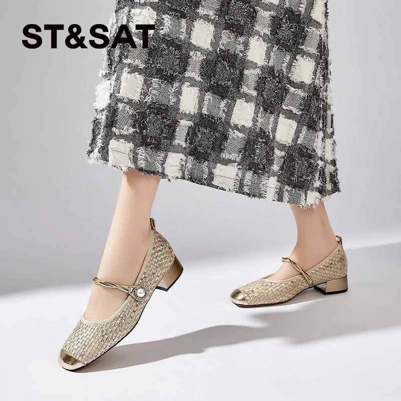 星期六法式方头编织玛丽珍女款2024夏新款珍珠小香风气质浅口单鞋