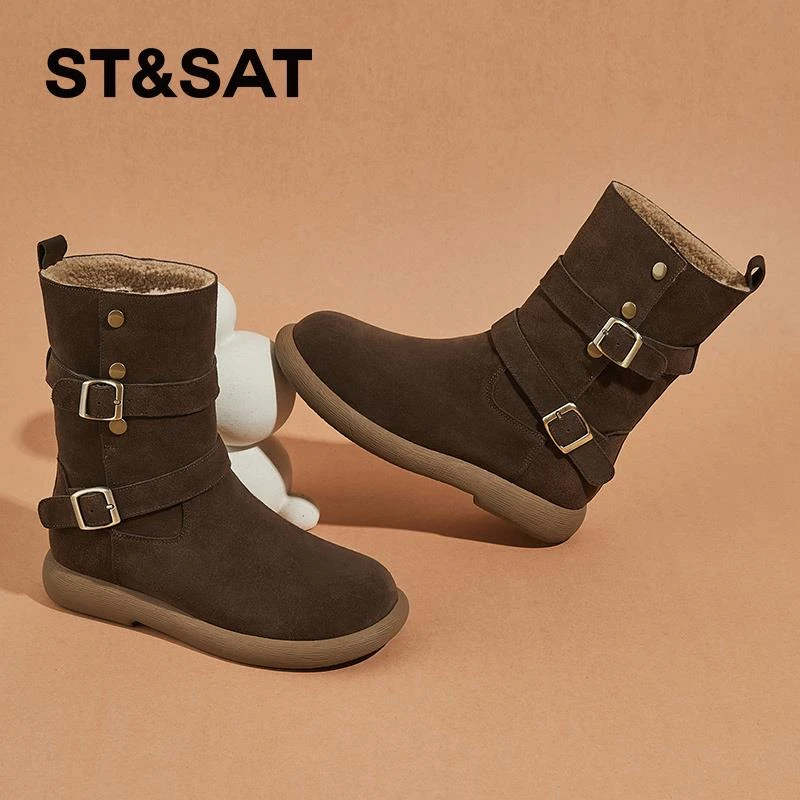 星期六皮带扣翻领女鞋2025冬季新款加绒加厚复古耐看雪地靴中筒靴