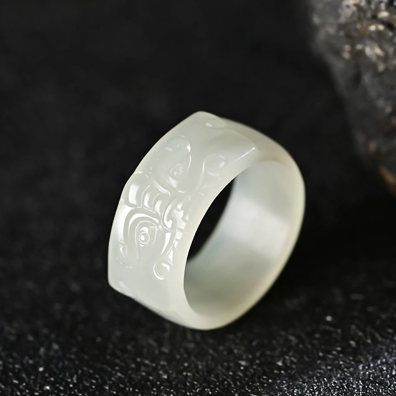 天然和田玉戒指玉石指环仿古兽面扳指白玉男士食指戒子玉石饰品