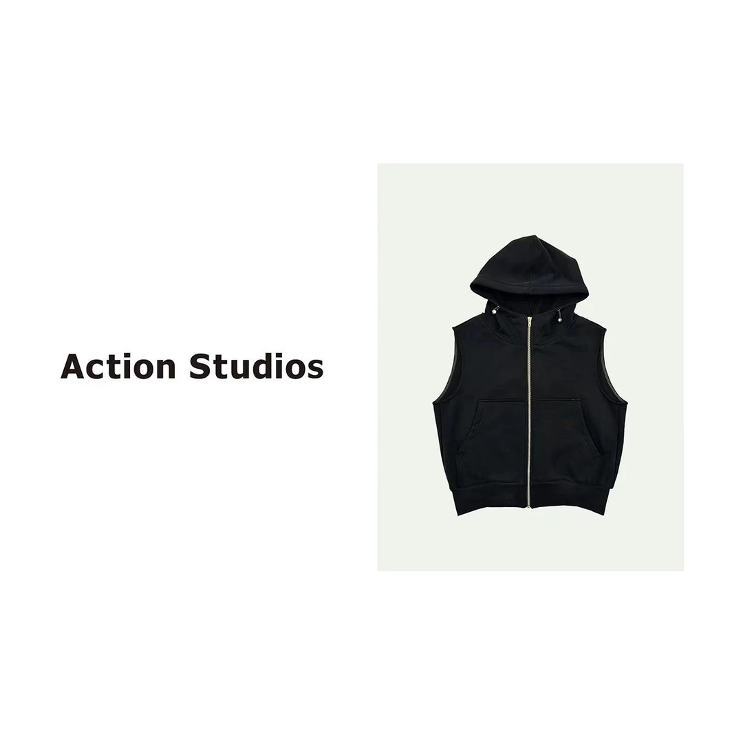 Action Studios/大大推荐简约通勤休闲带帽坎肩马甲短外套8938