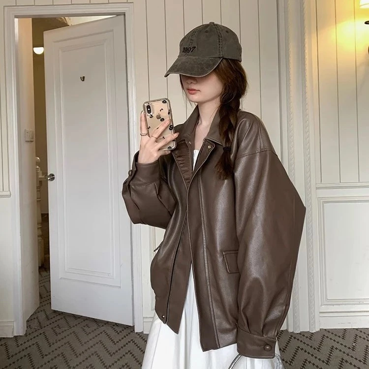 秋冬复古咖色pu皮衣女小个子宽松百搭休闲翻领机车风夹克外套秋季