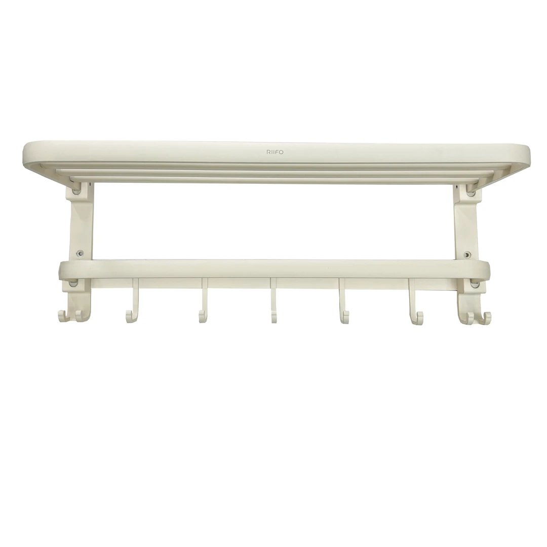 RIIFO/日丰奶白多功能可折叠卫生间挂式家用免打孔物架双杆毛巾架