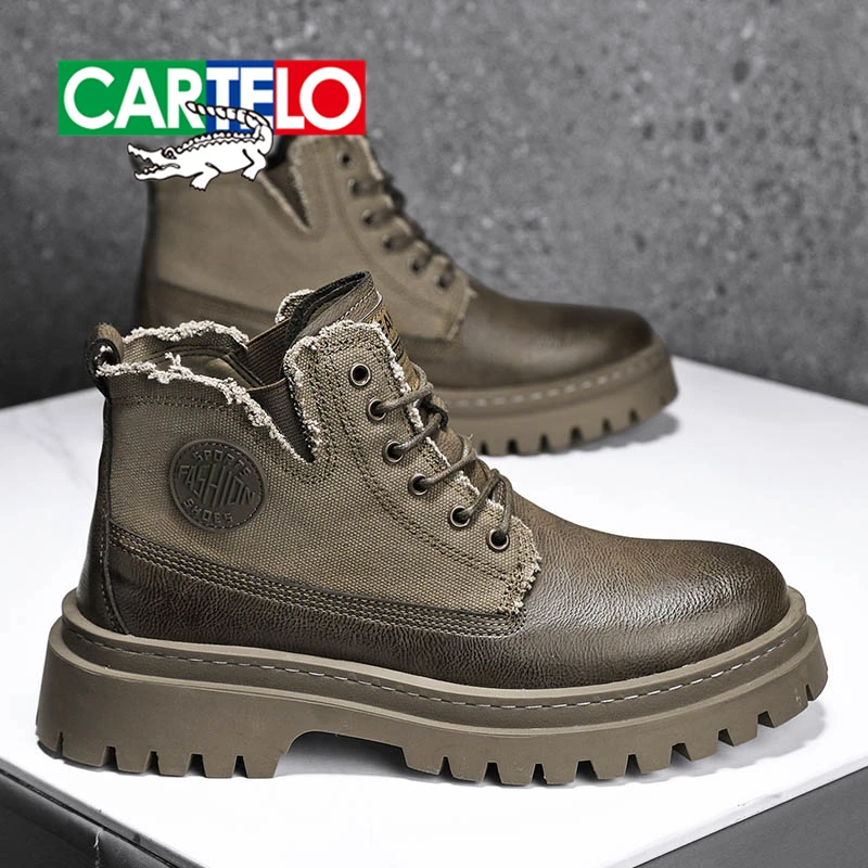 CARTELO/卡帝乐鳄鱼马丁靴男秋冬季复古厚底时尚中帮帆布口潮靴男