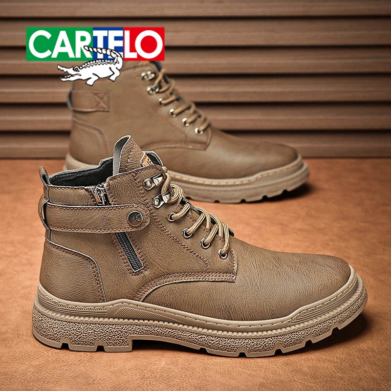 CARTELO/卡帝乐鳄鱼高帮马丁靴男款冬季复古英伦风防水骑行机车靴
