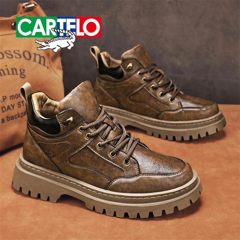 CARTELO/卡帝乐鳄鱼马丁靴男2023新款冬季复古高帮皮鞋耐磨工装靴