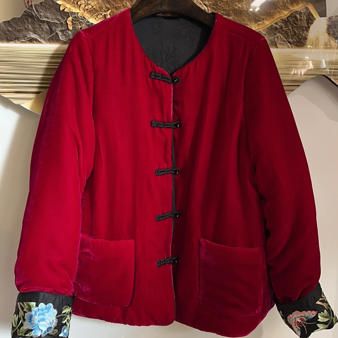【飞哥女装】双面穿红色V领盘扣轻奢保暖棉服中式时尚外套218069