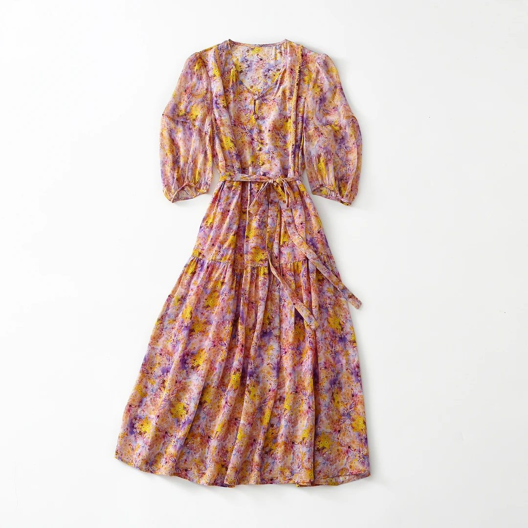 【飞哥女装】夏季新款桑蚕丝紫色碎花仙女气质连衣裙