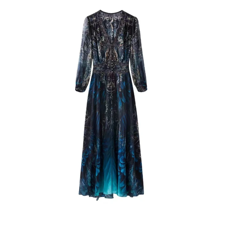 【飞哥女装】孔雀蓝优雅V领后腰打揽显瘦孔雀蓝时尚连衣裙208079