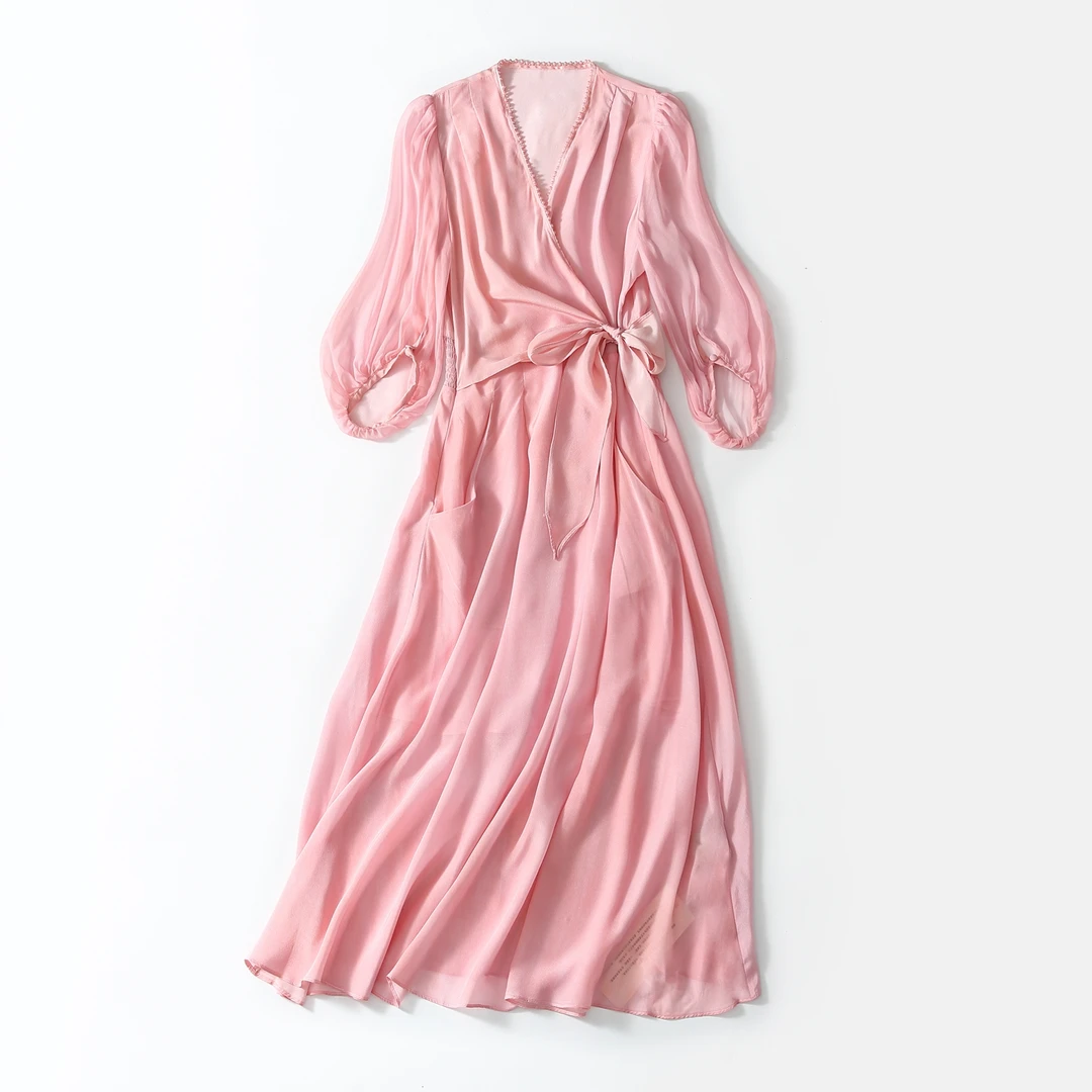【飞哥女装】夏季新款桑蚕丝粉色法式系带V领百搭超显瘦连衣裙女装