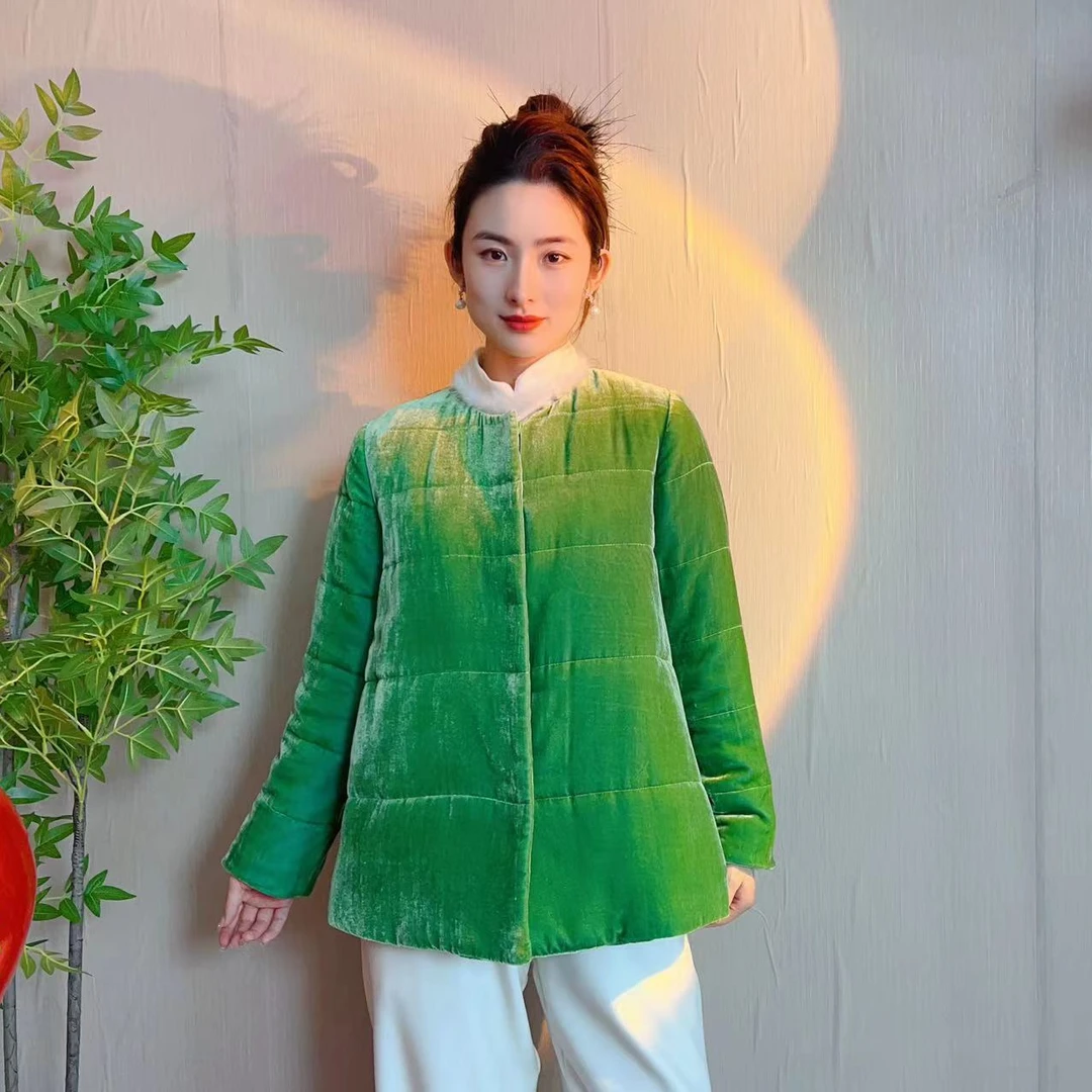 【飞哥女装】8“画意抹茶”新中式桑蚕丝丝绒保暖外套208130-2