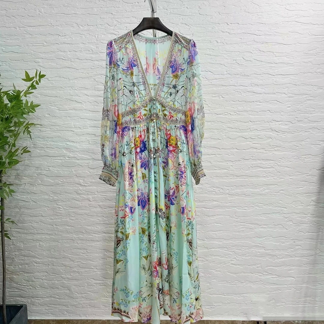 【飞哥女装】“人间富贵花”洋气花色设计V领高腰桑蚕丝连衣裙218017