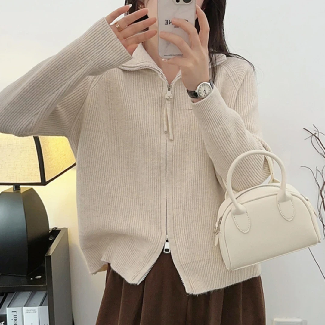 【优质面料】半高领拉链慵懒风毛衣外套女秋冬季2024年针织开衫上衣