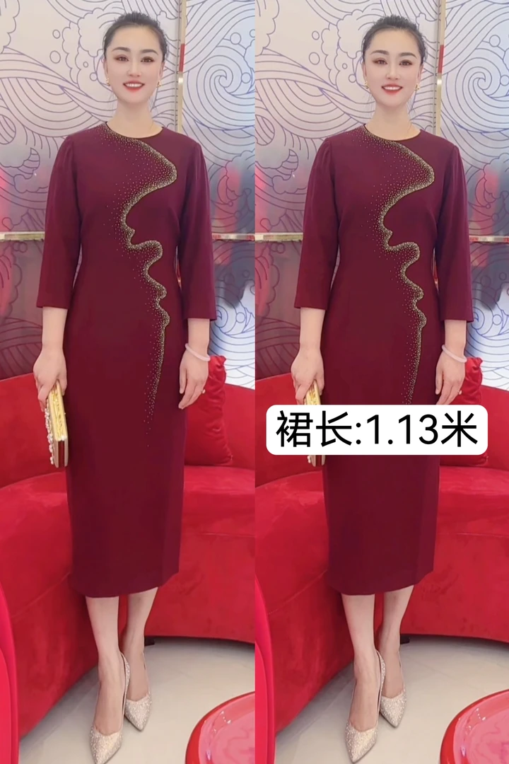 流星河烫钻高端礼服170985婚宴婚礼秋冬中长款显瘦气质高贵