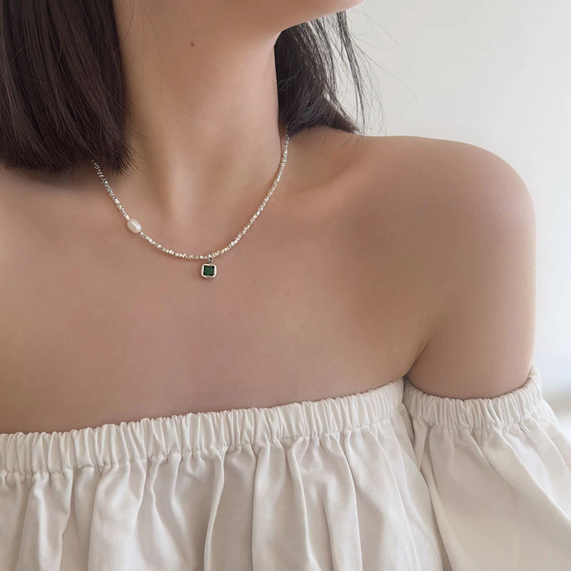 坠链均925银合成锆石 纯银简约项链女碎银绿方块颈链气质锁骨链