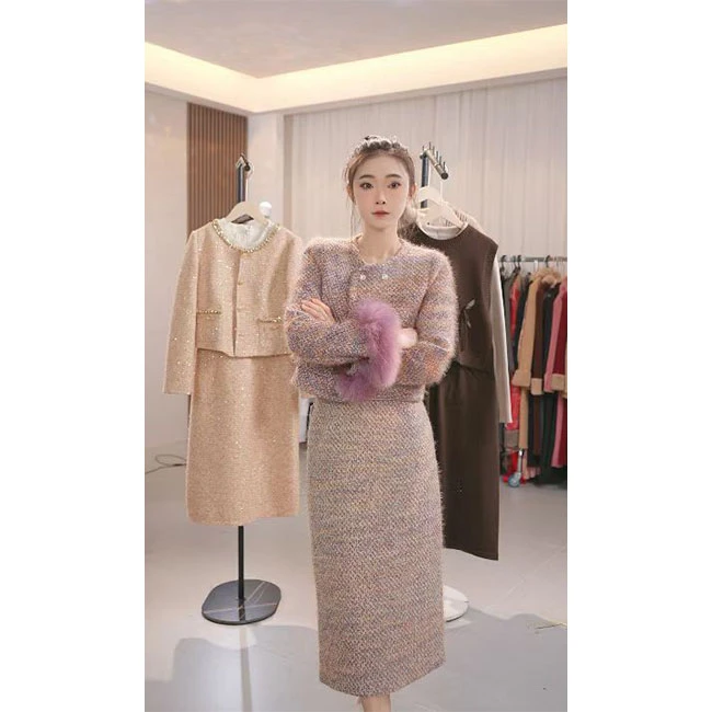 L8206 小香风套装2024年秋冬季新款气质减龄显瘦外套+半身裙