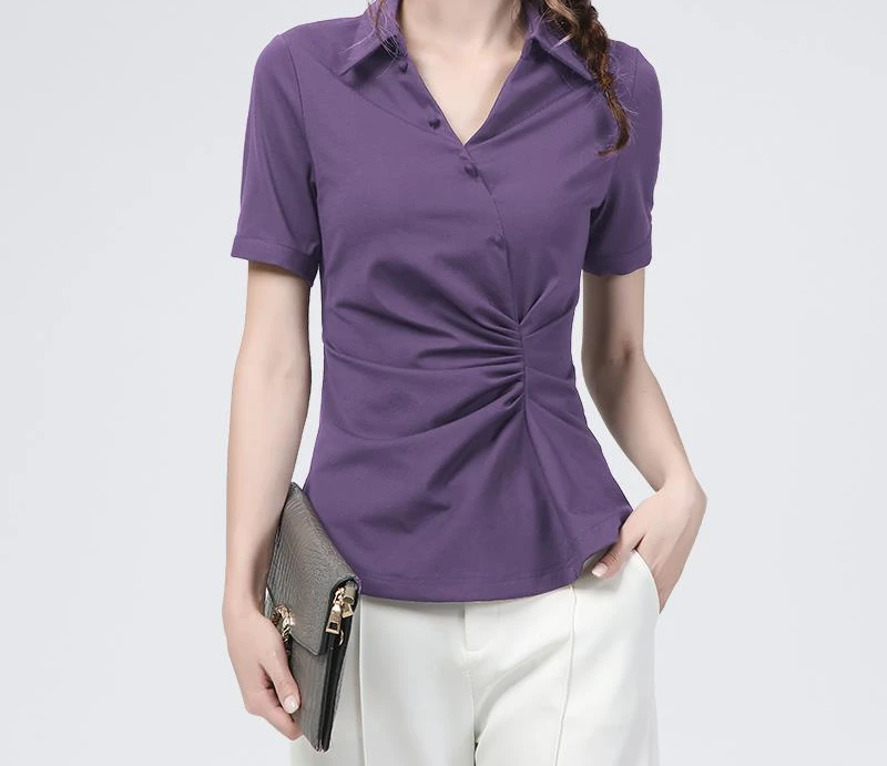 法式通勤V领紫色衬衫新款气质弹力针织衬衣修身别致上衣SC19015