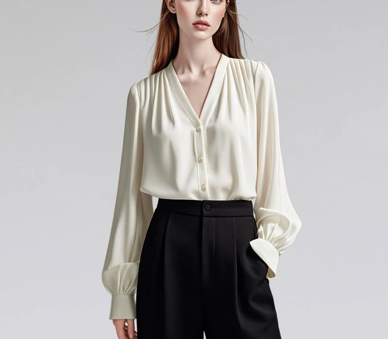 欧货V领高级感白色褶皱长袖衬衫女早秋新款小众宽松别致SH243689