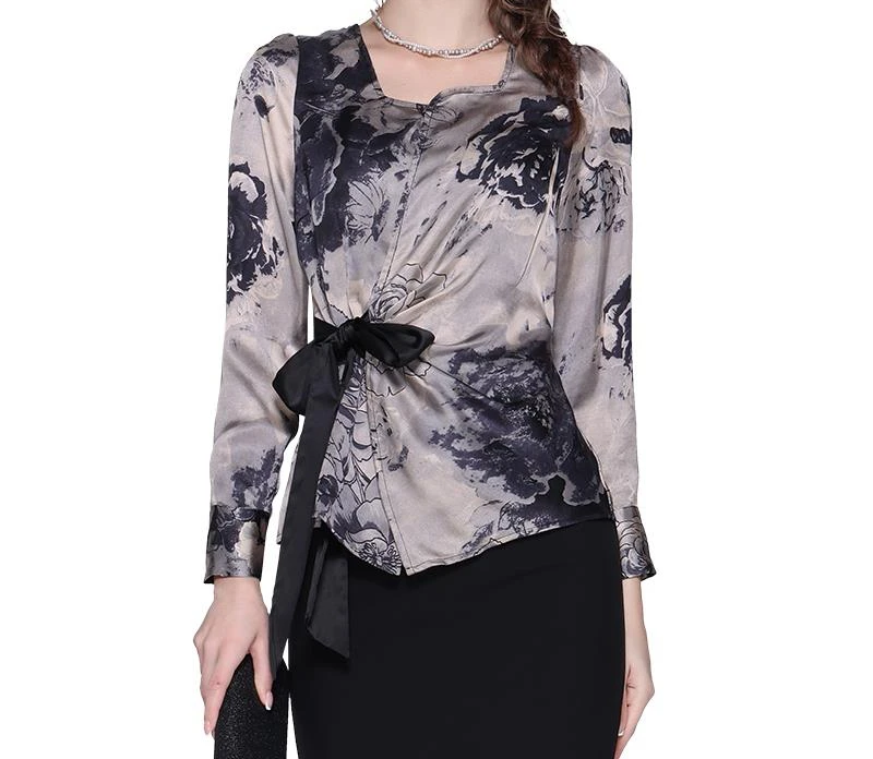 法式V领复古水墨印花衬衫气质显瘦上衣设计感系带衬衣SH231161