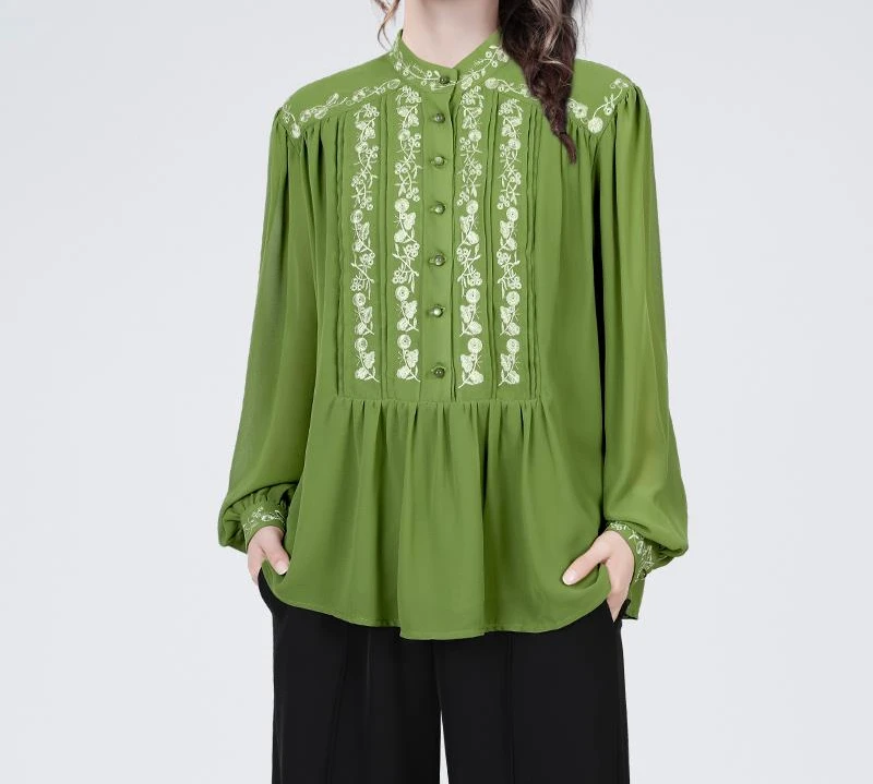 新中式复古小立领绣花衬衫新款气质雪纺衫减龄衬衣上衣SA242229