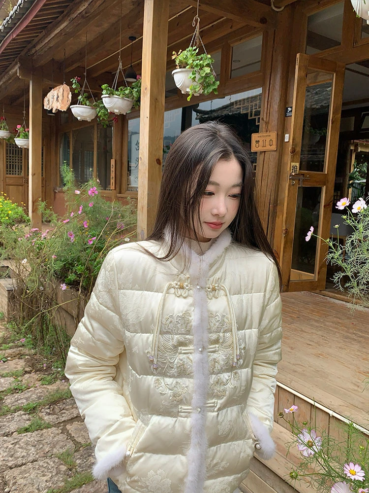 EIA一尧新中式国风【千山暮雪】气质90白鸭绒羽绒服提花高级刺绣衣