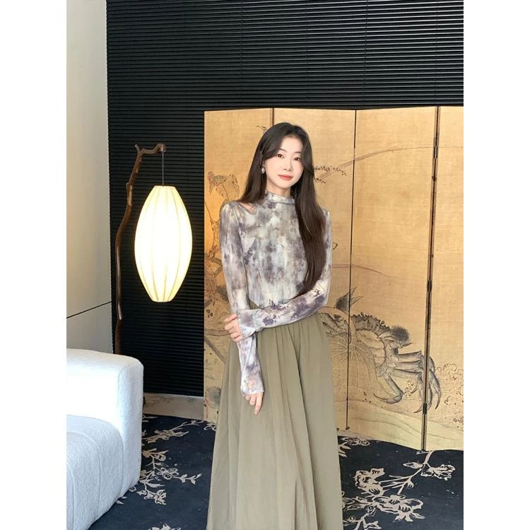 EIA一尧【福利款卖完下架】新中式晕染长袖连衣裙显瘦镂空女装长裙