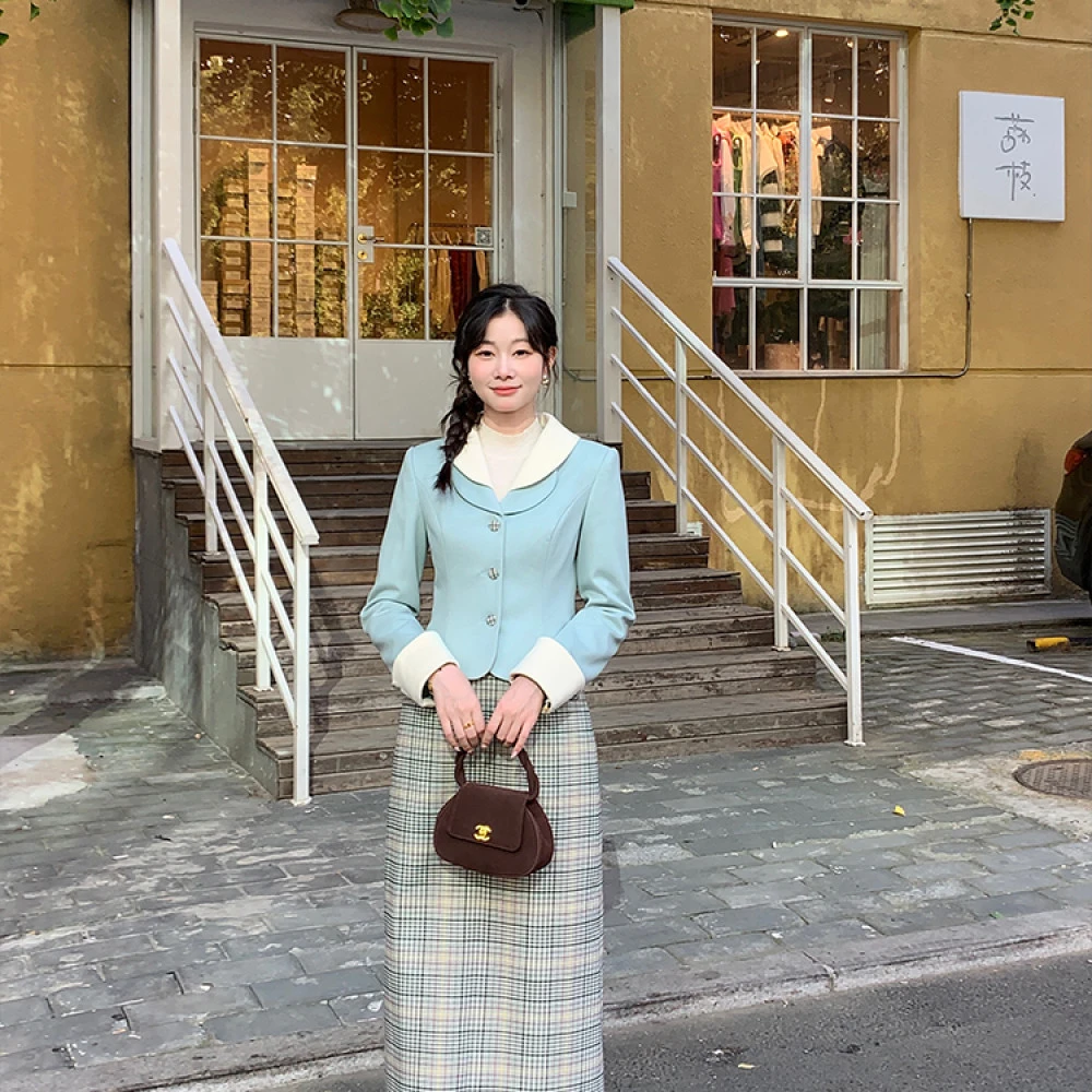 EIA一尧【蓝调香氛】韩系穿搭高级感外套+半裙格纹气质复古女