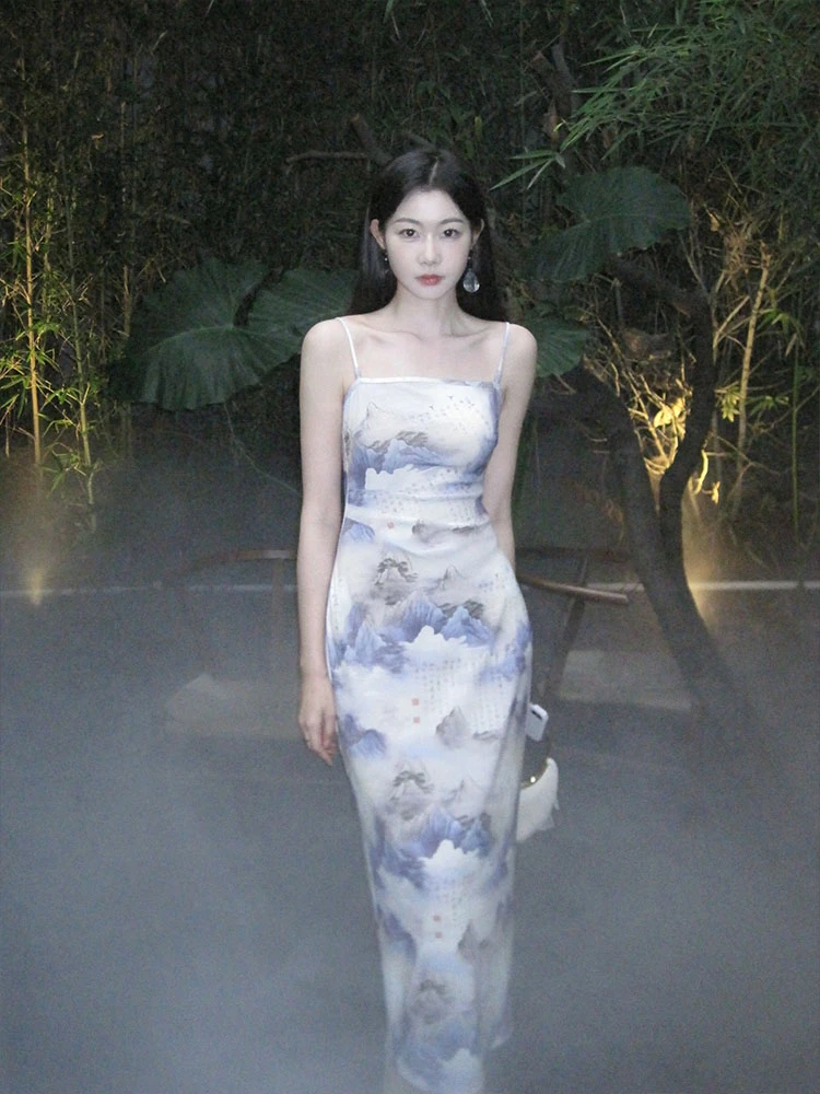 EIA一尧【山涧赋】新中式清冷山水显瘦吊带连衣裙气质写意设计长裙