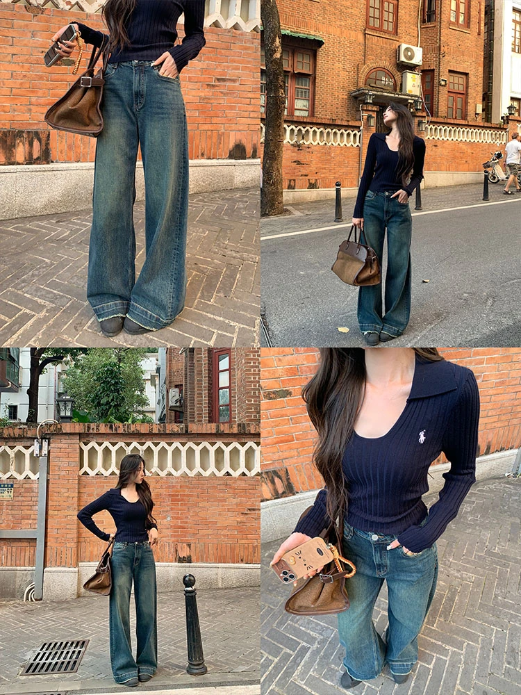 EIA一尧【西海岸】复古韩系穿搭直筒牛仔裤显瘦高腰百搭气质阔腿裤