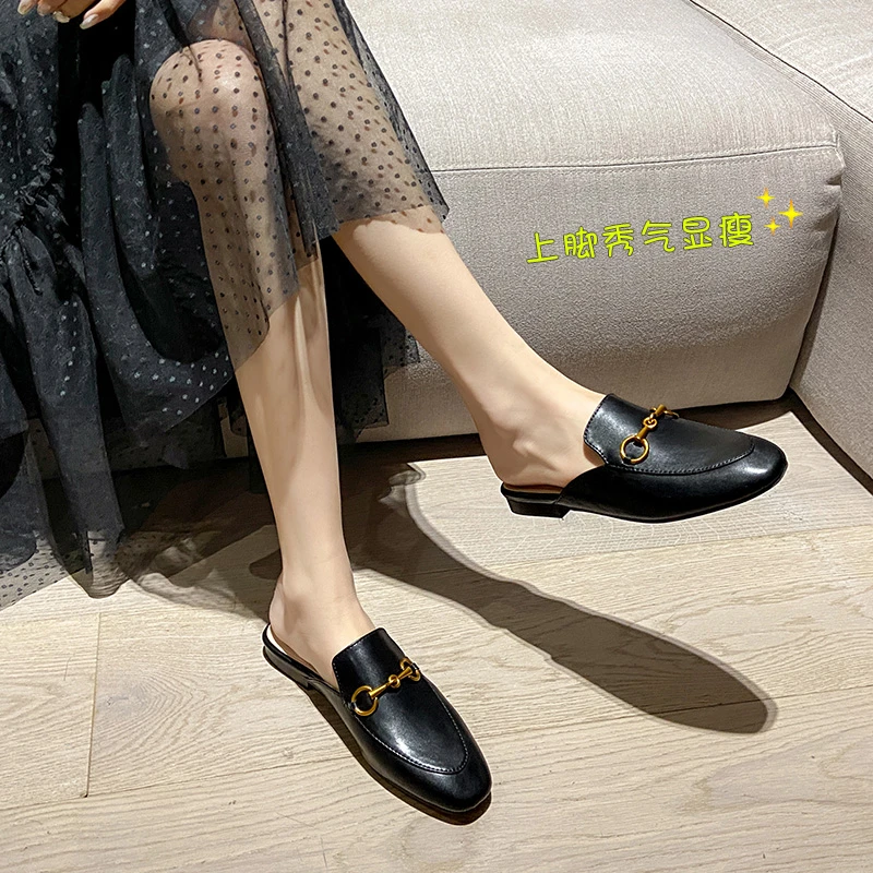 【Rm】时尚教主~真皮包头半拖鞋女夏季平底网红外穿穆勒鞋懒人凉拖