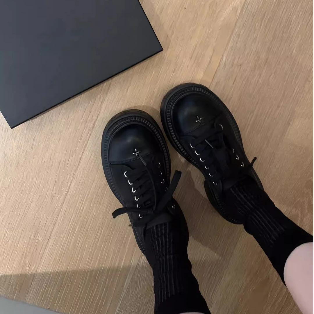 【Rm】7cm水上漂~大圆头厚底增高系带小白鞋帆布休闲鞋女德比板鞋秋