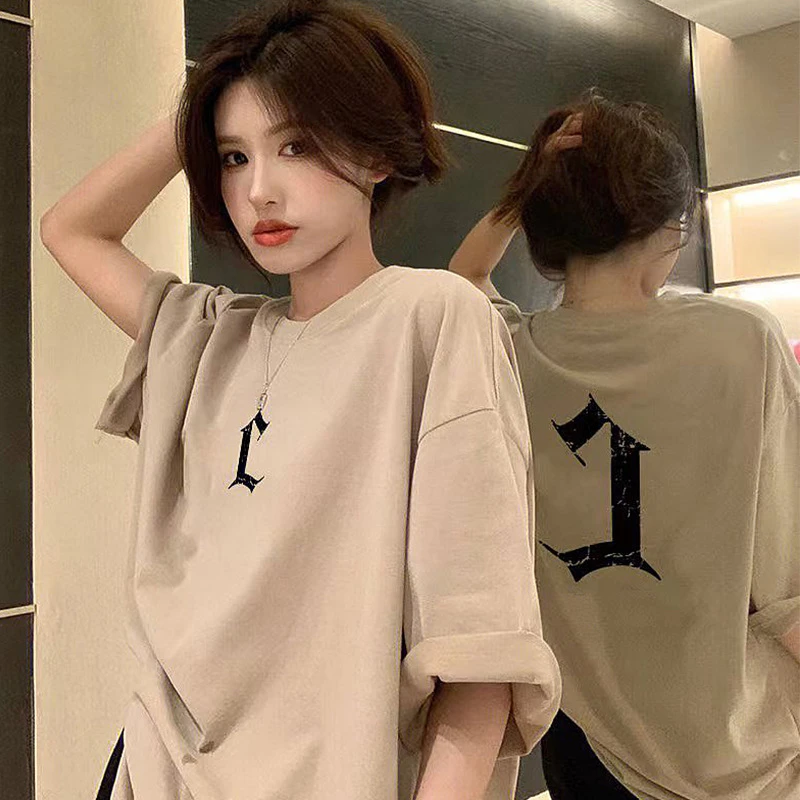 2023夏季宽松纯棉t恤女休闲百搭圆领大码中长款印花半袖上衣ins潮