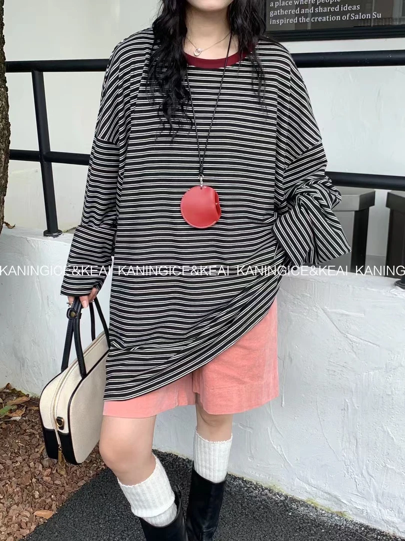 JOYER【条纹控】宽松百搭休闲遮臀显瘦圆领中长款打底衫