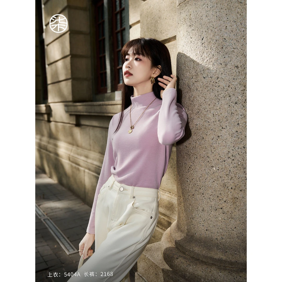 【柒量一裁】5404A小个子粉紫色德绒高领打底衫女内搭长袖显瘦上衣