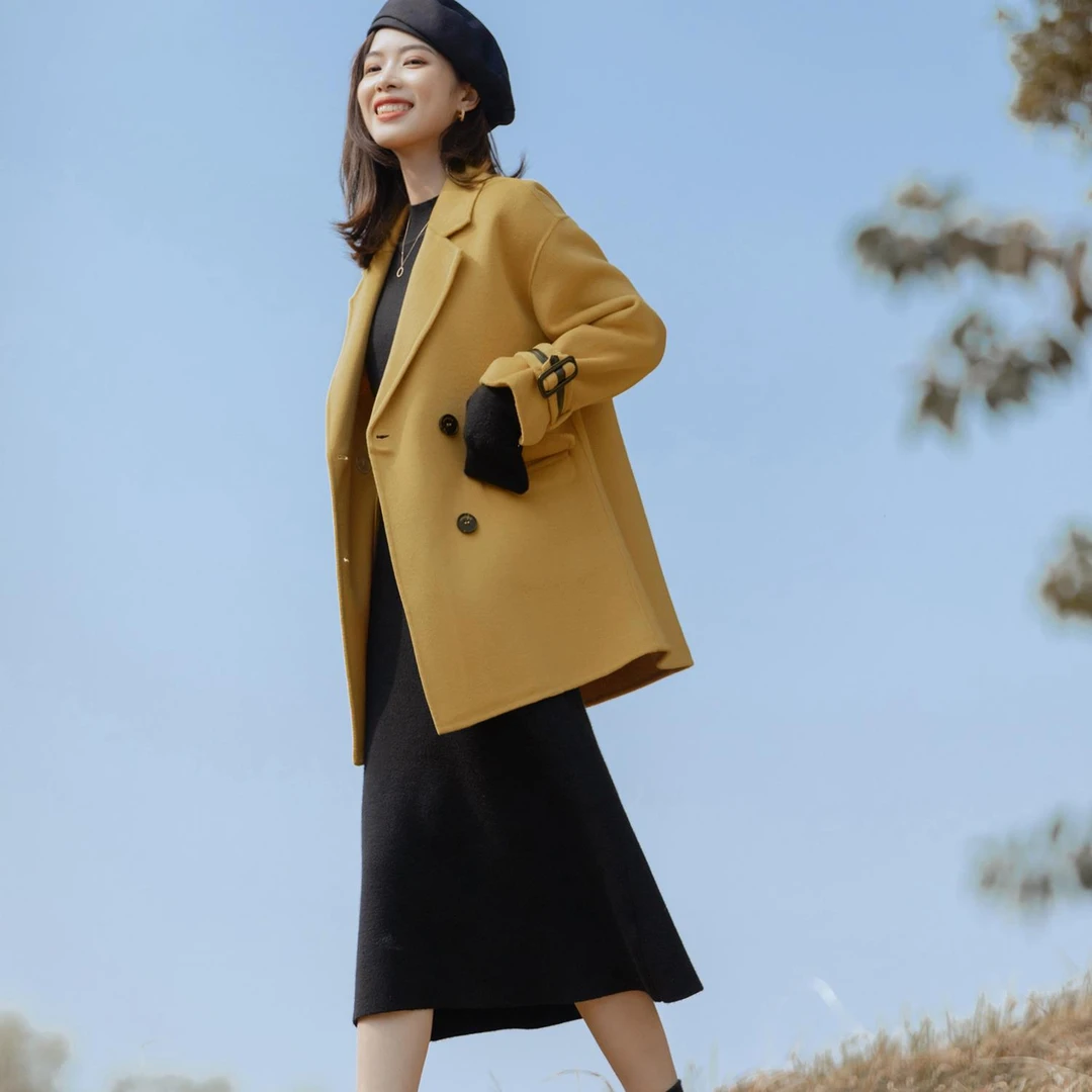 1755柒量一裁小个子黄色中长款羊毛双面呢长袖大衣宽松休闲外套女