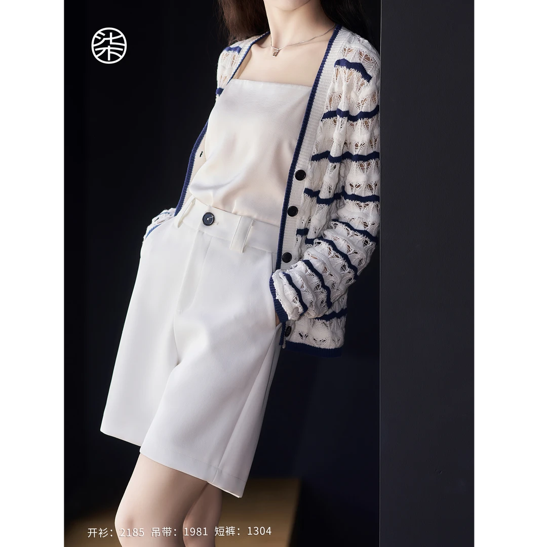 【黑标】【春水】1304柒量一裁小个子白色醋酸高腰短裤女休闲气质裤子