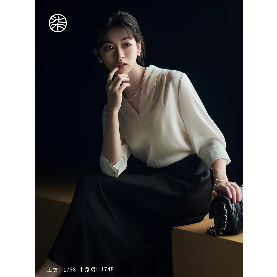 【大柒】【流光】1738柒量一裁小个子醋酸V领通勤高级感缎面衬衫上衣
