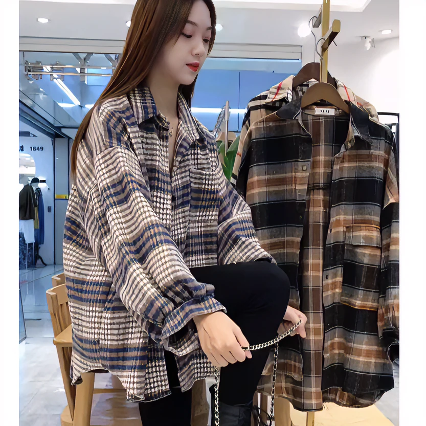 复古磨毛格子衬衫女春秋新款百搭设计感小众中长款宽松外套上衣潮