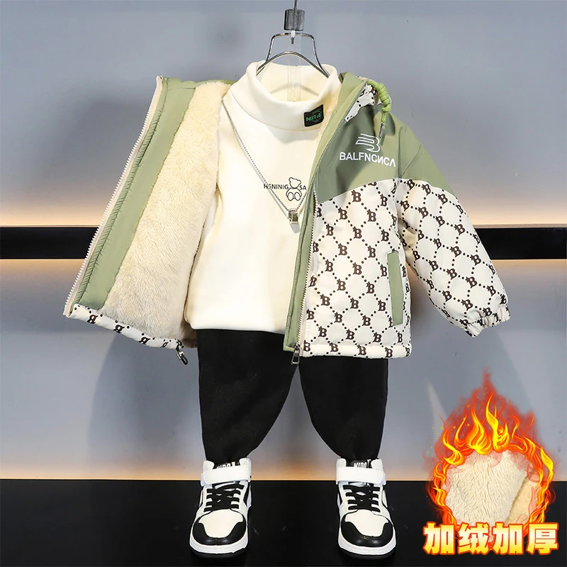 男童加绒外套秋冬款2025新款儿童潮牌服装男孩宝宝冬装加厚派克服