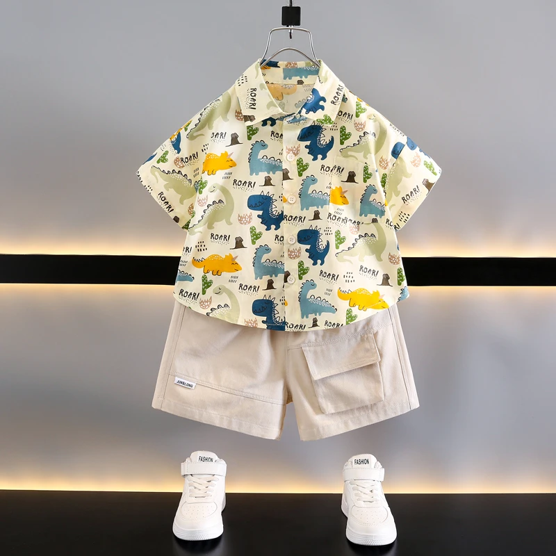 男童夏装套装英伦港风酷帅气儿童花衬衫潮流童装洋气宝宝时髦衣服