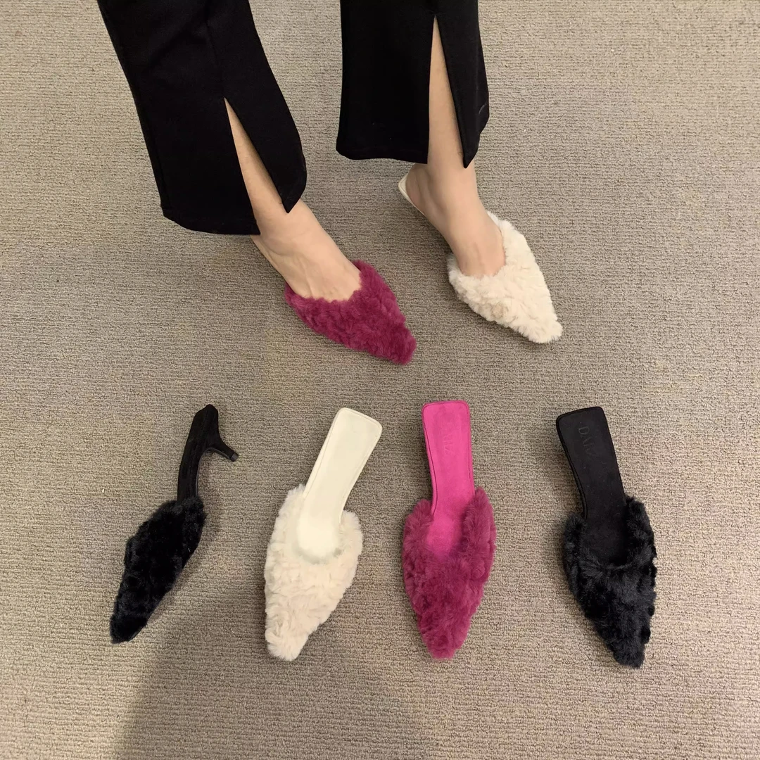 秋季新款拖鞋女外穿时尚气质靓色毛毛半拖鞋女细跟高跟包头拖网红